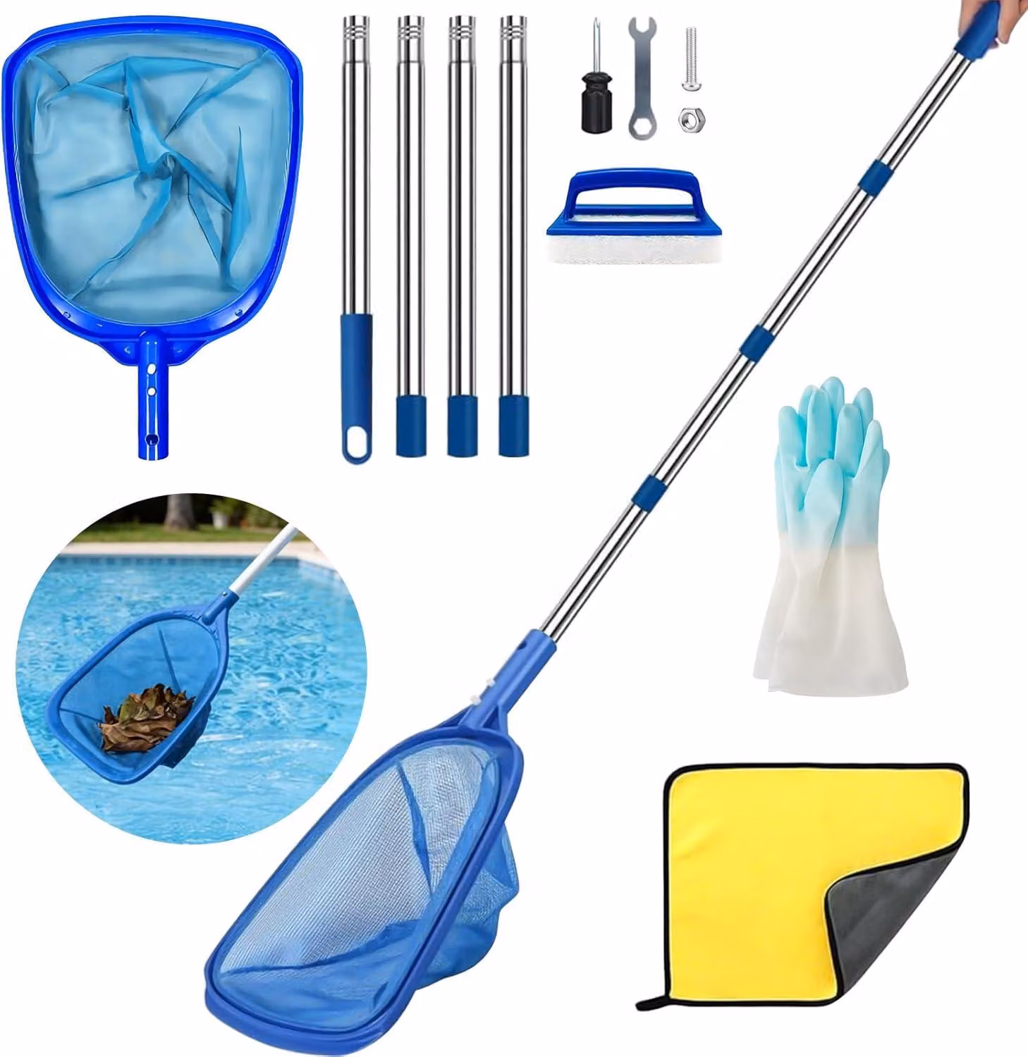 Retino per piscina, 185 cm, asta telescopica, retino per skimmer, spazzola per la pulizia, asciugamano, per piscina