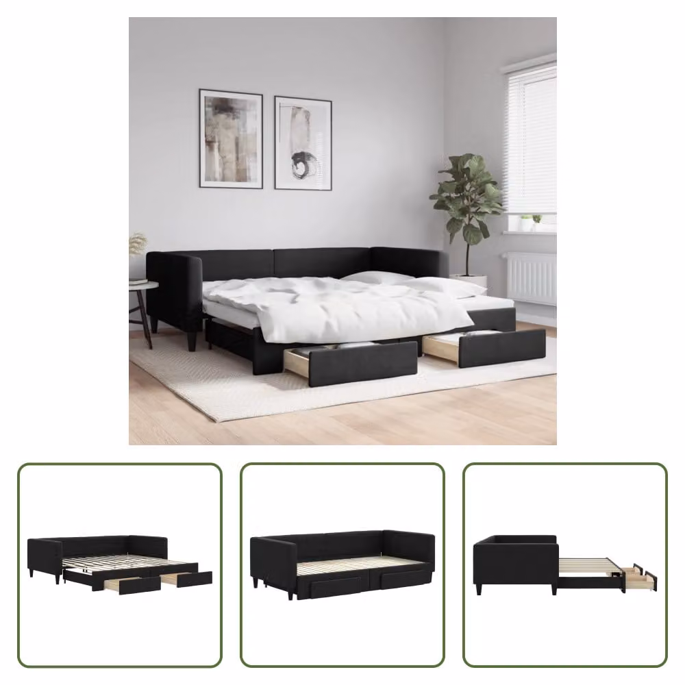 The Living Store Letto da giorno allungabile con cassetti nero 100x200 cm in tessuto