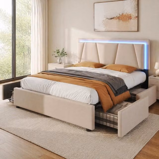 Letto matrimoniale 140x200 cm con LED; testiera regolabile e 4 cassetti; beige; con materasso