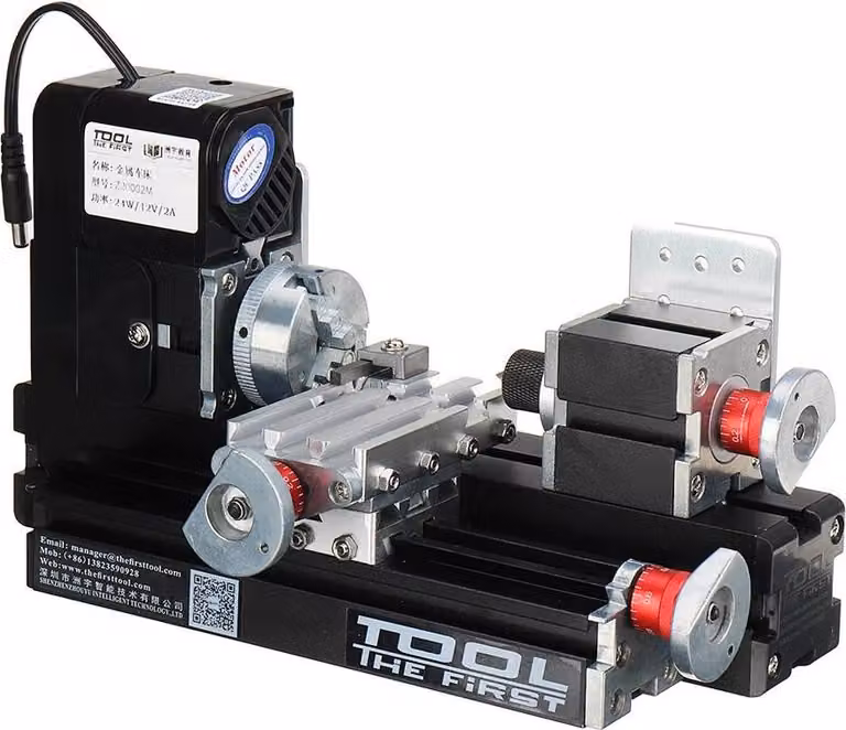 Z20002M - Mini tornio per legno/metallo - Spina UE 220 V, 12 V CC 24 W - Motore 20.000 giri/min - Ø max. 20 mm - Lunghezza di lavoro 135 mm - Corsa X 160 mm, Z 30 mm - Nero