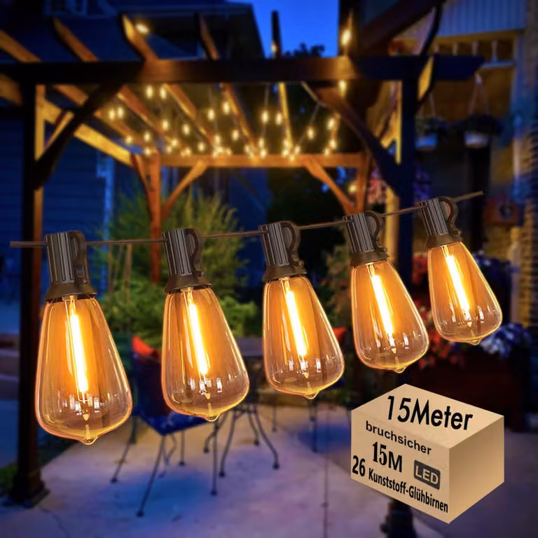 Catena luminosa a LED, modello ST38, 15 metri, grado di protezione IP44, 25 luci più una luce aggiuntiva, luce bianco caldo