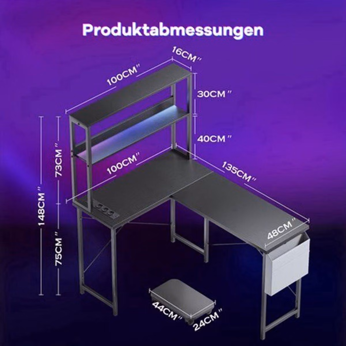 Scrivania da gaming a forma di L - Illuminazione LED - 148x135x75 cm - Struttura in metallo e pannelli in legno - Colore nero