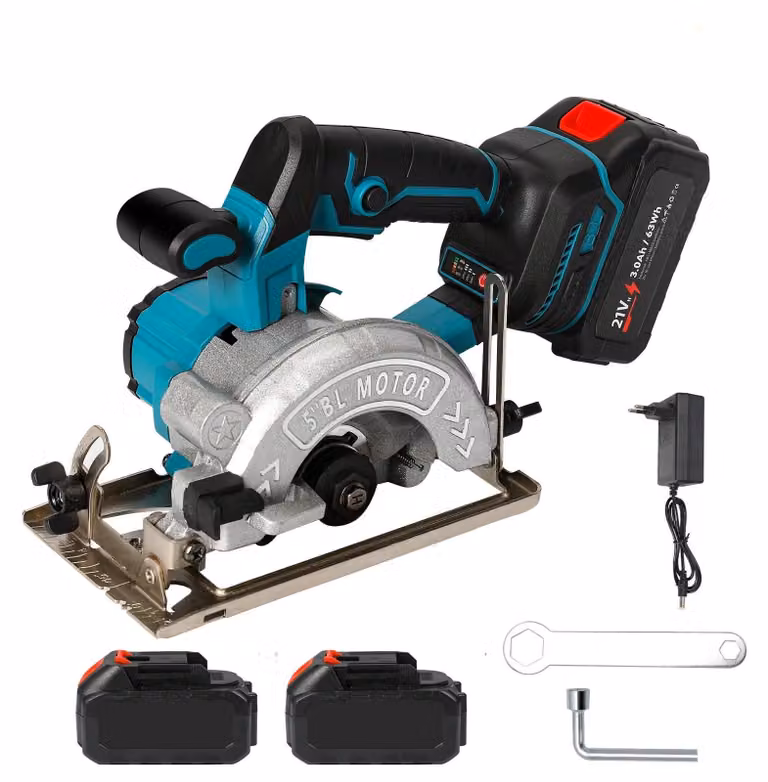 Sega circolare a batteria, motore brushless, lama da 12,5 cm per legno, 6500 giri/min, profondità di taglio di 4,5 cm, angolo di smusso regolabile da 45° a 90°, 2 batterie + caricabatterie
