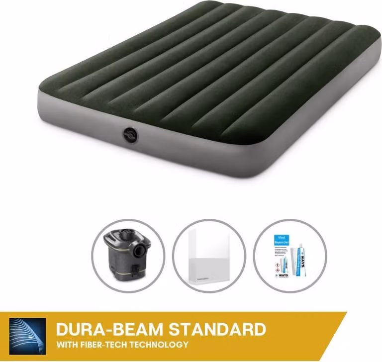 Letto gonfiabile Intex - 2 persone - 137 x 191 x 25 cm - Verde - Con pompa + lenzuolo bianco + set di riparazione