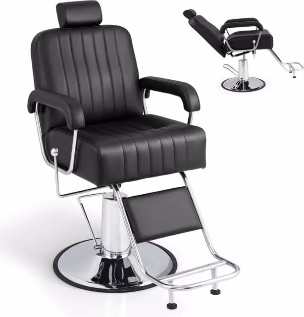 Sedia da salone con poggiatesta regolabile schienale reclinabile rotazione a 360¡ã, Sedia da barbiere portata 150kg Nero-Cura dei capelli