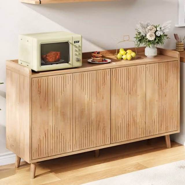 Credenza Mivray in MDF naturale beige e marrone con 4 ante, vano aperto e ripiani regolabili per sala da pranzo o soggiorno, L 140 cm x P 40 cm x H 84 cm