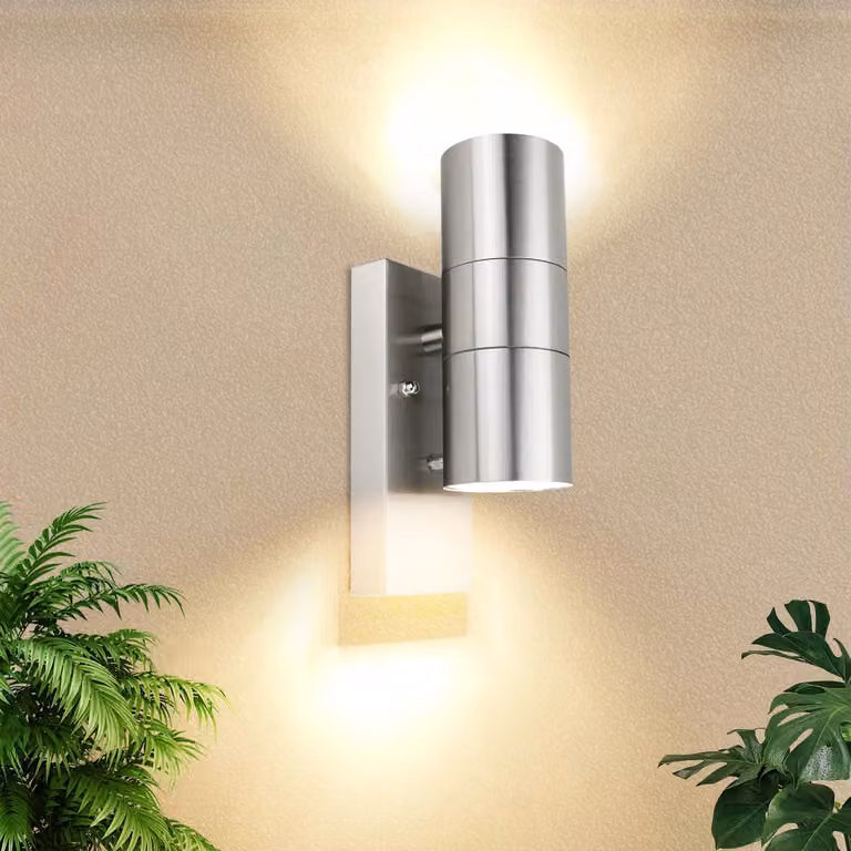 Lampada da parete a LED, acciaio inossidabile, grado di protezione IP44, sensore di luminosità, attacco GU10, 5W, 500 lumen, luce bianco caldo