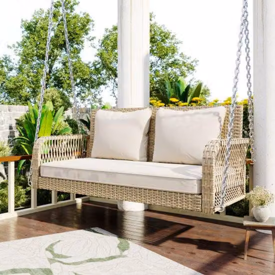 Poltrona sospesa da giardino, lettino da giardino, set di mobili da giardino per esterni, rattan grigio, cuscini di seduta beige, 2 posti, con cuscini di seduta e schienale, sfoderabili e lavabili
