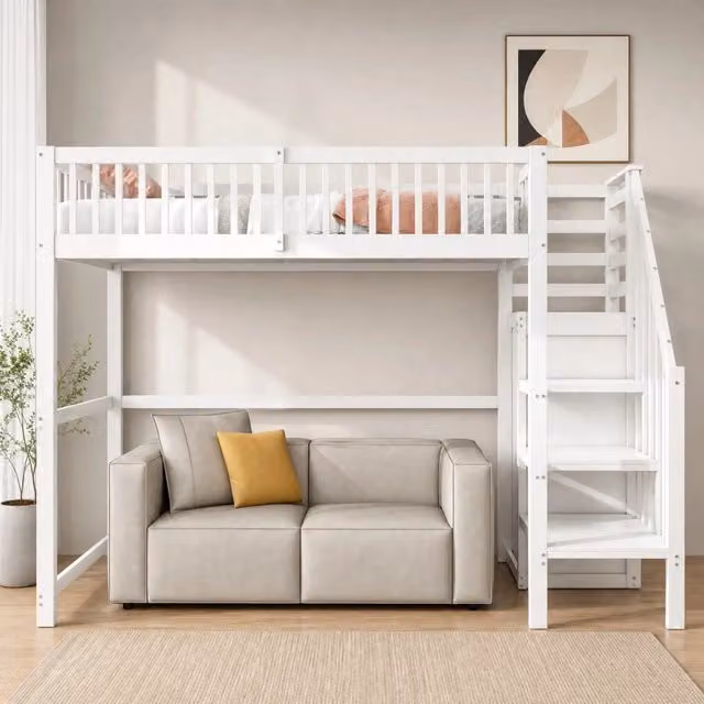 Hochbett singolo 90x200 cm in legno bianco con scala sicura e armadio integrato