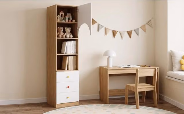 Libreria per cameretta con anta ad arco 3 cassetti e 3 ripiani in MDF bianco e effetto legno 50 × 50 × 200 cm