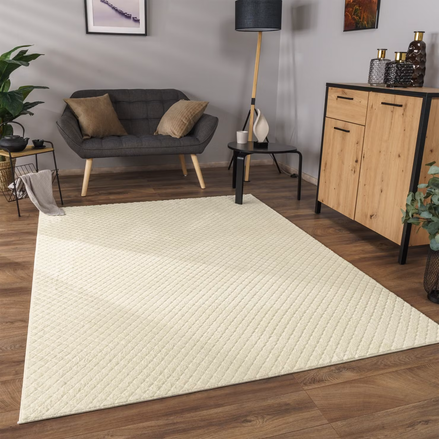 Tappeto rettangolare lavabile beige con motivo diamonds in stile scandinavo L: 120 cm, P: 160 cm – 2