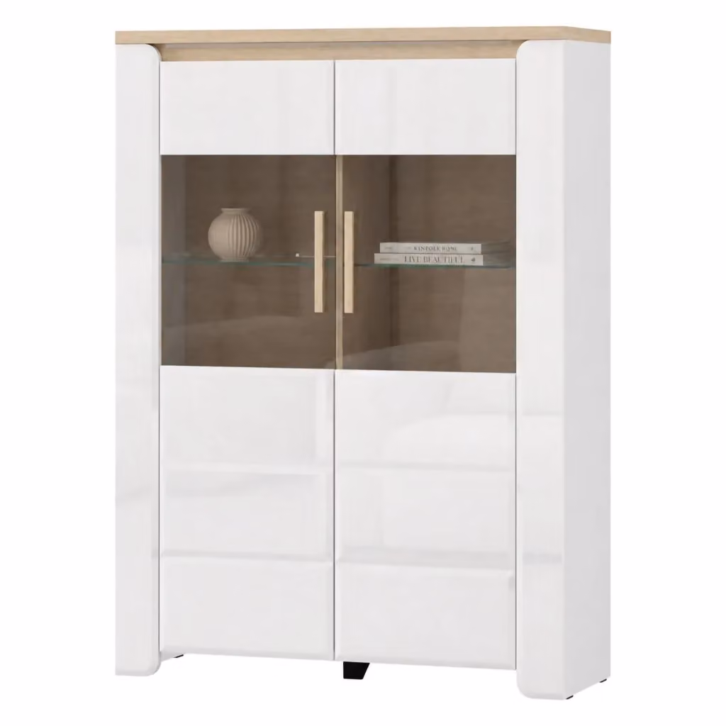 Mobile Espositore Erto DMORA con Ante in Vetro e Ripiani Interni, Bianco Opaco, L: 96 cm, P: 35 cm, H: 130 cm – 2