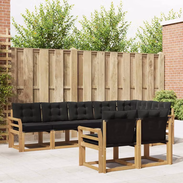 Set di divani da esterno moderno vidaXL in legno di acacia e textilene, 8 pezzi, Bianco, Nero e Marrone
