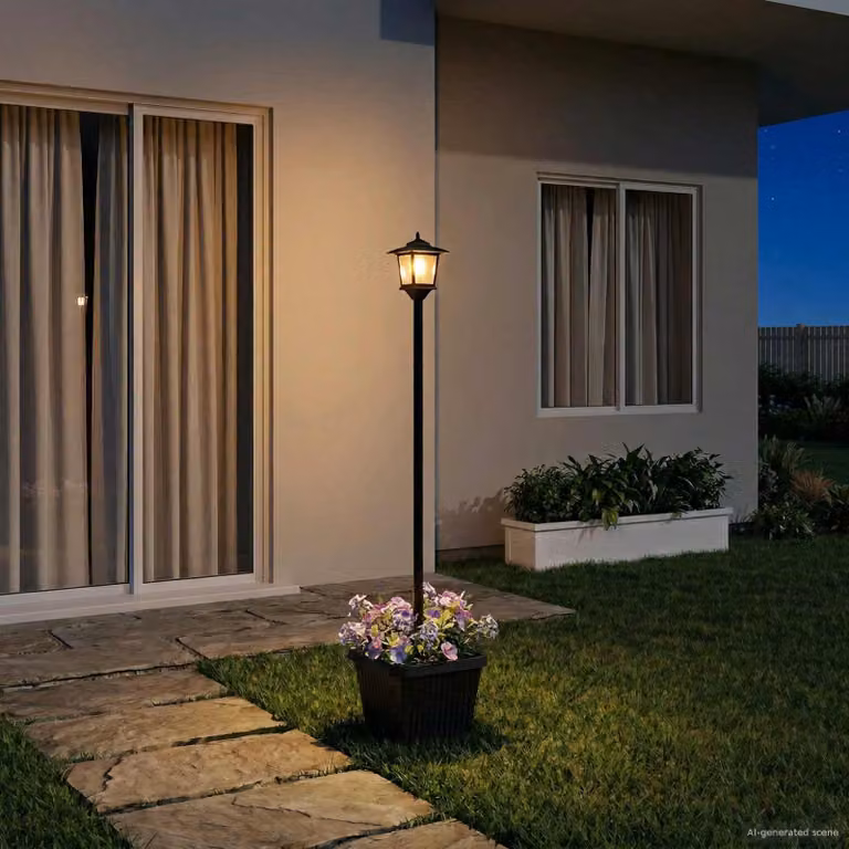 Lampione solare con fioriera vidaXL Nero con LED luce bianca calda e sensore crepuscolare L/P/H: 32 x 32 x 158 cm