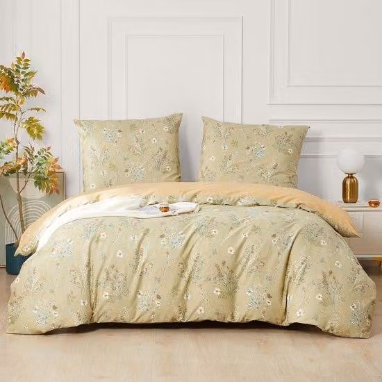 Set di lenzuola Ibbenzoa® 200×220 cm, 2 federe 80×80 cm – 100% cotone, motivo floreale nei toni del verde, 8 angoli con laccetti e chiusura a zip, adatto per tutto l'anno