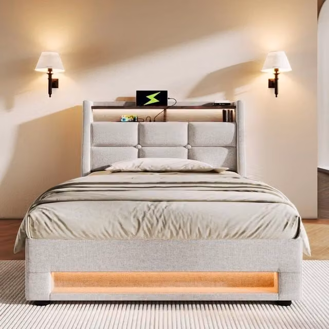 Letto Singolo Imbottito con LED e Rete a Doghe ¨C MINIMAL ¨C 90x200 cm, Struttura Metallo, Tessuto Lino