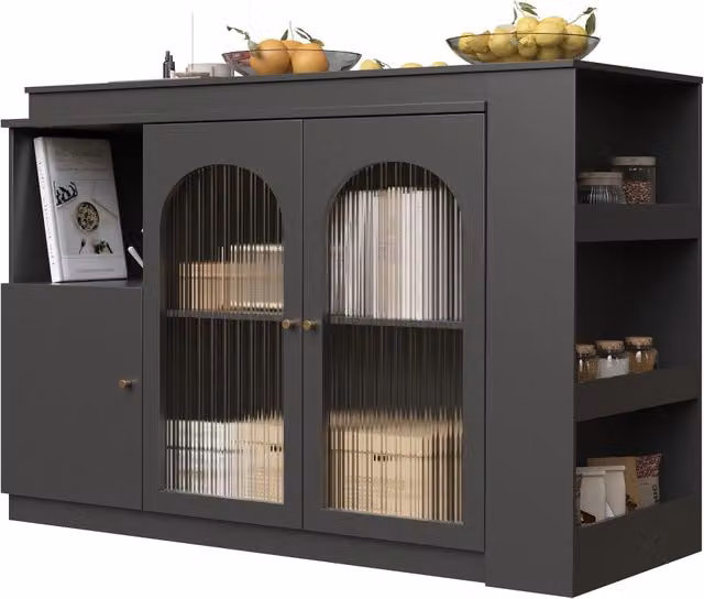Mobile Tavolo Bar Girevole a 360° in MDF Nero 120x40x97 cm con Porta in Vetro