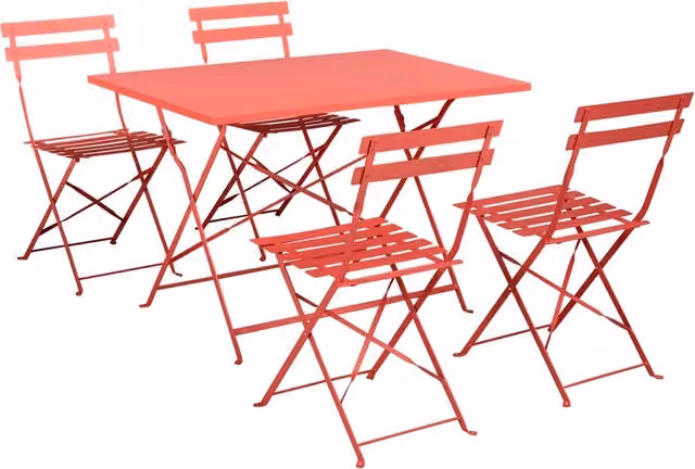 Set da pranzo da giardino con tavolo e sedie in acciaio rosso, contenitore pieghevole