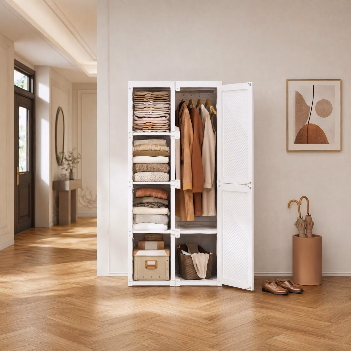 Armadio ProximaX, armadio in plastica, sistema di scaffali per armadi con asta appendiabiti, armadio combinato con ripiano a innesto, 136x50x69cm bianco