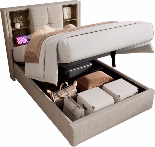 Letto singolo moderno con contenitore contenitore a sollevamento, ricarica wireless, porte USB e Tipo C, rivestimento in tessuto beige, L/P/H: 90 x 200 x 100,5 cm