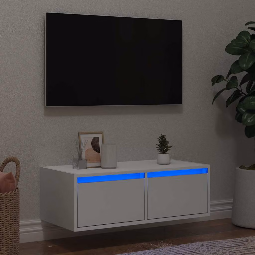 vidaXL Mobile Porta TV Moderno con Luci LED Integrate e Compartimenti Media, Bianco, L 75 cm x P 35,5 cm x H 25 cm
