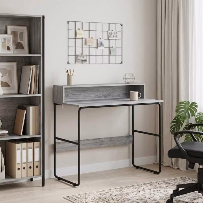 Scrivania moderna vidaXL con spazio di archiviazione in legno e metallo, colore grigio, L: 100 cm, P: 60 cm, H: 76 cm