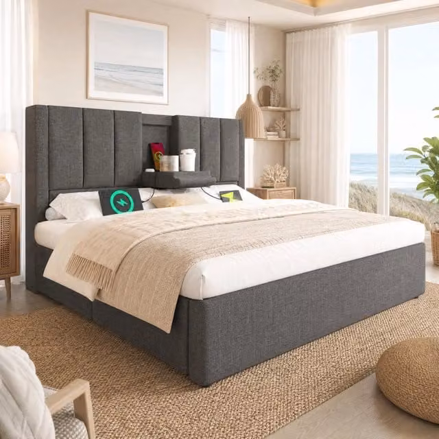 Letto contenitore 160x200 cm in lino grigio con stazione di ricarica USB e portabicchieri