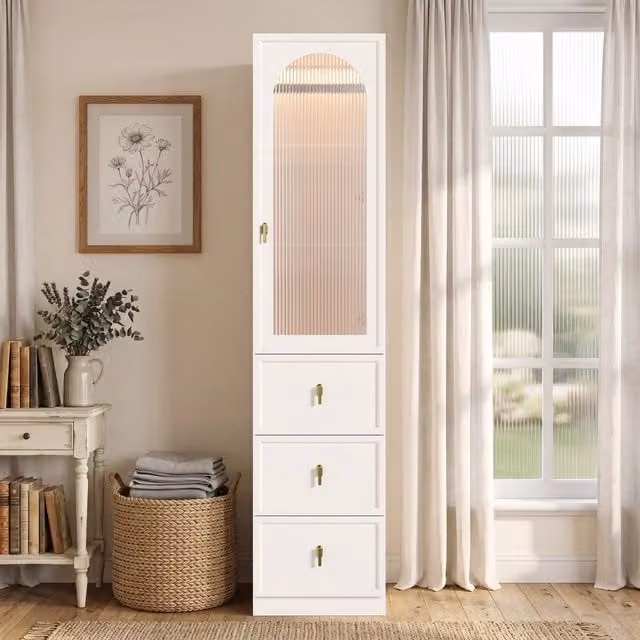 Armadio stretto 45 x 48 x 200 cm; 1 anta a battente; illuminazione LED; 1 asta appendiabiti; 3 cassetti; design moderno; bianco