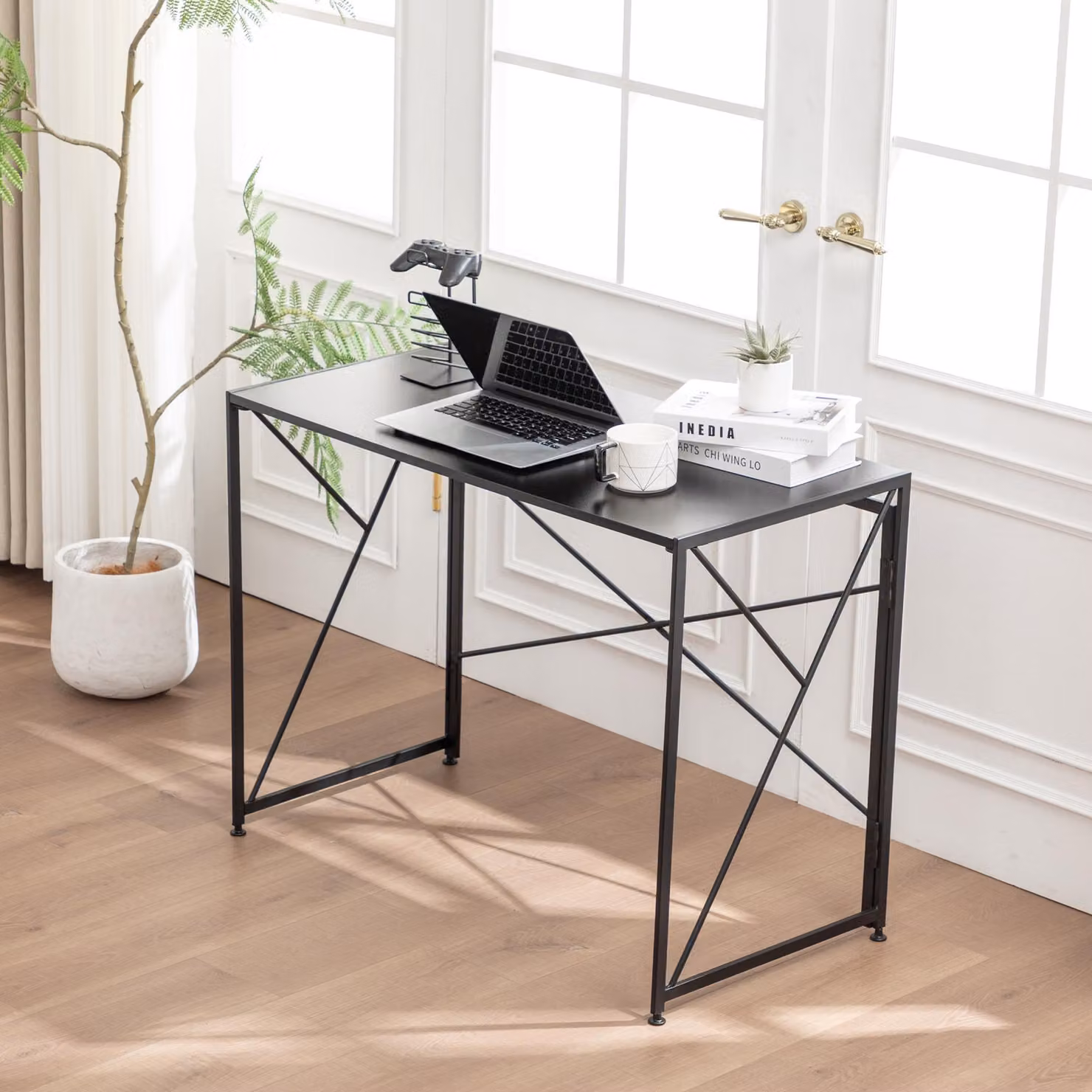 Scrivania okwish con gambe in metallo, design semplice, scrivania per computer 99x50x75 cm, salvaspazio, ideale per piccoli appartamenti, colore nero