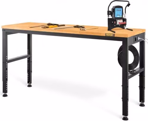 VEVOR Banco da Lavoro in Legno e Acciaio Marrone con Altezza Regolabile, L/P/H: 135 x 90 x 72-97 cm
