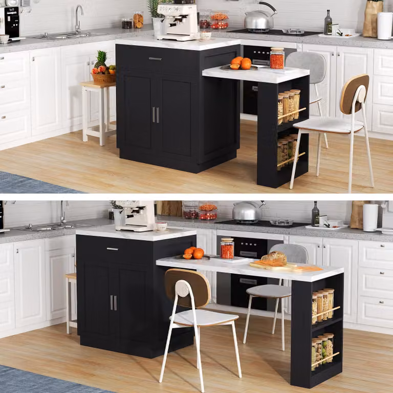 Isola da cucina Sweiko con tavolo da pranzo allungabile per 4-6 persone, tavolo da cucina bicolore, presa di corrente, armadio portaoggetti, 2 cassetti, 2 ripiani aperti sui lati