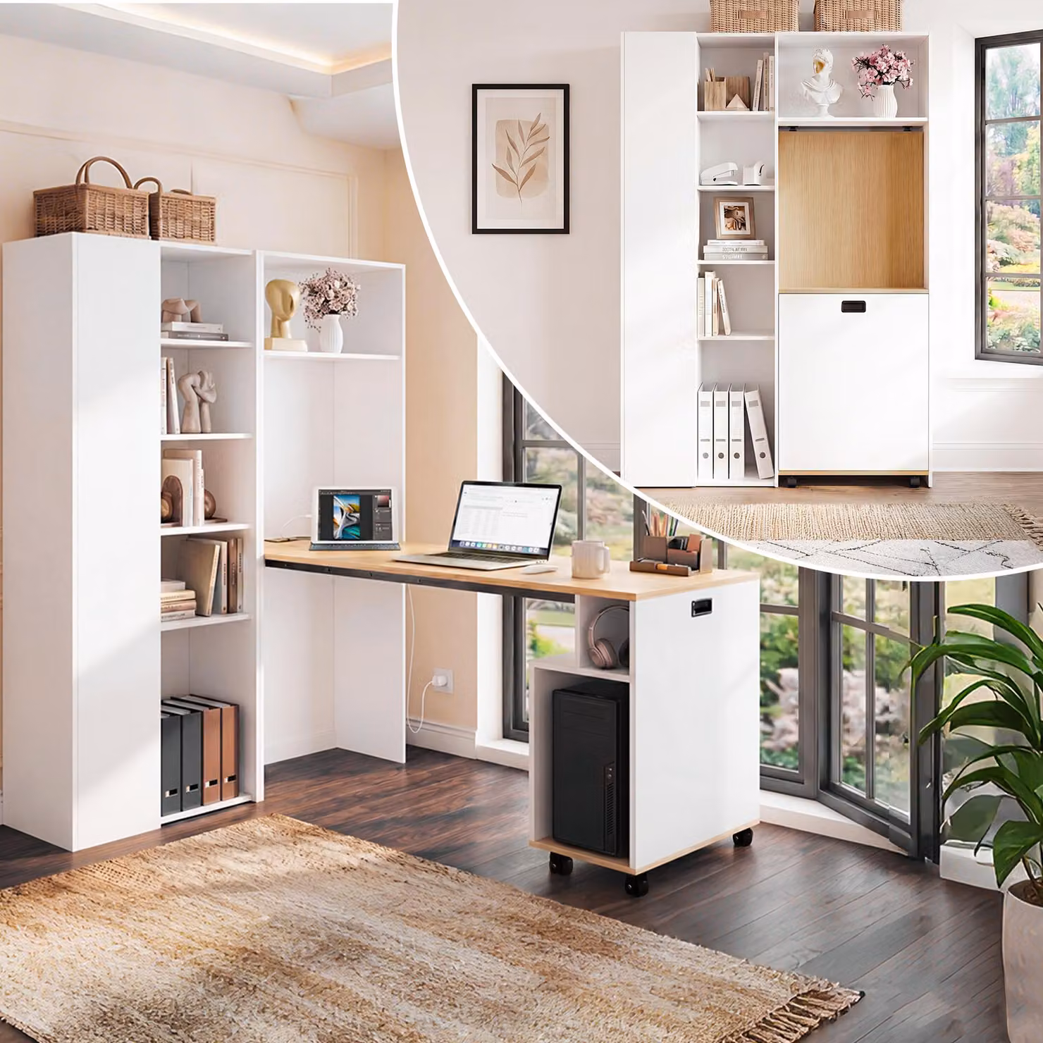 Scrivania pieghevole Merax con ripiano, libreria e scrivania per computer 2 in 1, con presa di corrente, USB, ripiani regolabili in altezza, 104,5×30,5×160 cm, bianco