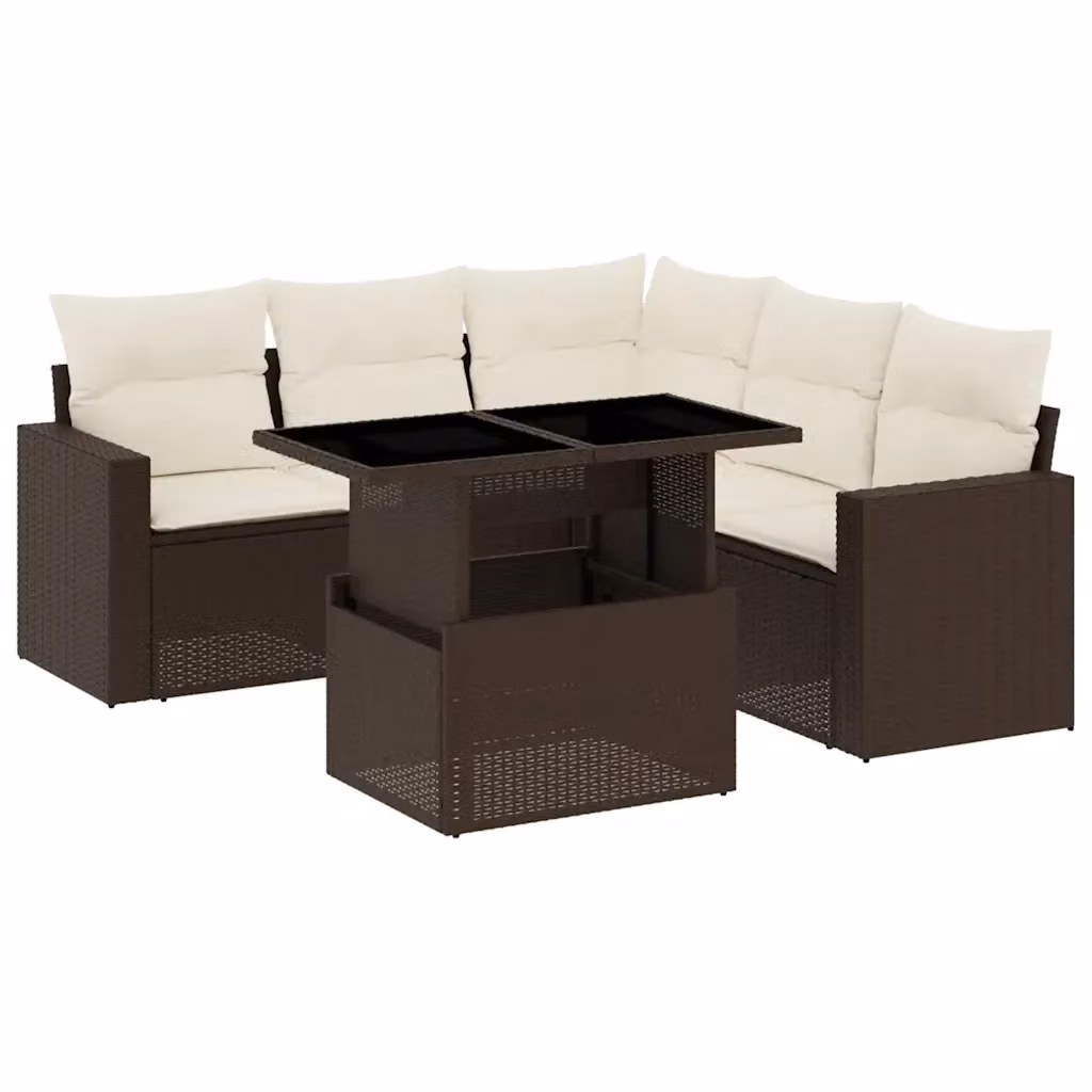 Set Divano da Giardino vidaXL 6 pz a L in Polyrattan Marrone con Cuscini Bianchi e Tavolino – 2