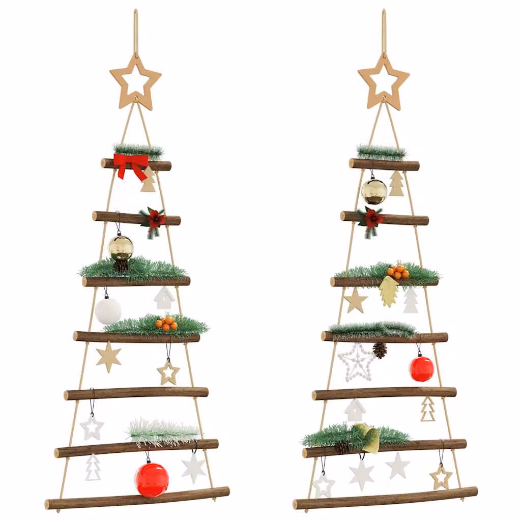 Set di 2 alberi di Natale sospesi con stelle vidaXL, decorazioni in legno stile rustico, marrone e multicolore, H 90 cm x L 42 cm