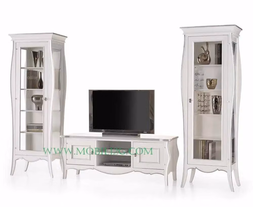 Vetrina in legno shabby chic Mobili 2G con porta in vetro e profili foglia argento bianco, L: 71 cm, P: 48 cm, H: 206 cm – 1