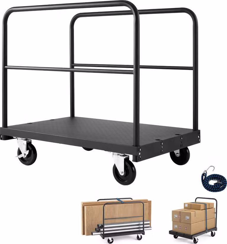 Carrello porta pannelli SucceBuy con capacità di carico di 816 kg, versatile carrello 2 in 1 con ruote girevoli a 360°, piattaforma di 914x610 mm e tre corrimano laterali, ideale per fabbriche, magazzini e garage, nero