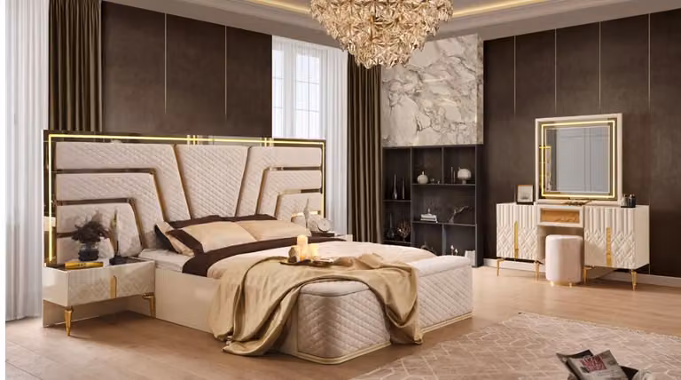 Set per camera da letto: letto, comò da trucco con specchio, 2 comodini, colore beige