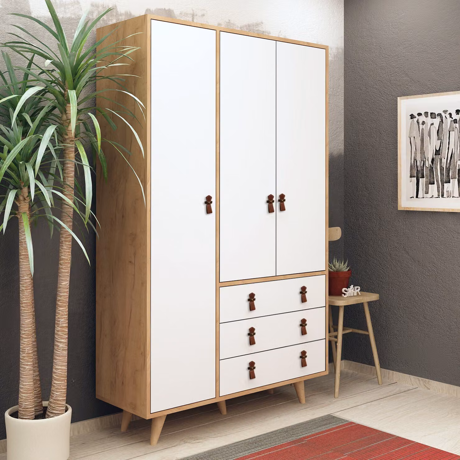 Skye Decor, Franky- FrankyMDD, color rovere, bianco, armadi, 187x120x52 cm, pannello truciolare rivestito al 100% in melamina
