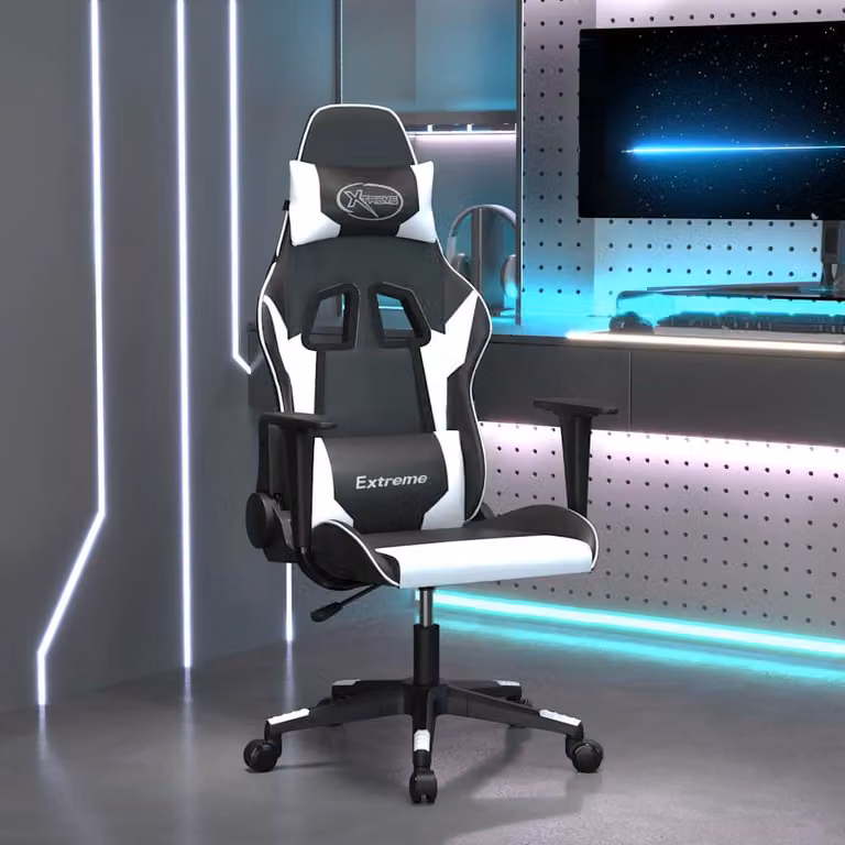 Sedia da Gaming vidaXL in Similpelle Nero e Bianco con Poggiatesta e Ruote, Regolabile e Reclinabile
