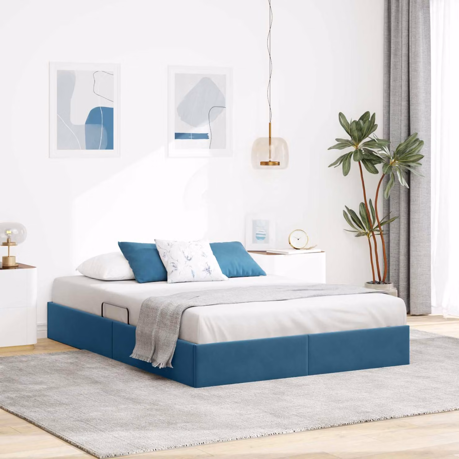 Letto ottomano con contenitore vidaXL in velluto blu scuro L 140 x P 200 cm