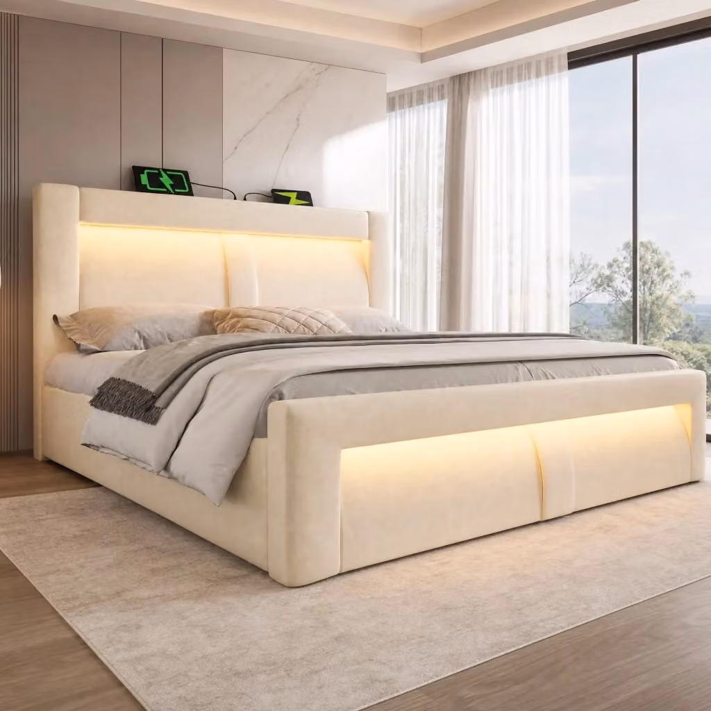 Letto matrimoniale REDOM in velluto beige con contenitore a sollevamento, illuminazione LED sottostante, porte USB e Type-C, L/P/H: 180 x 200 x 107 cm – 2