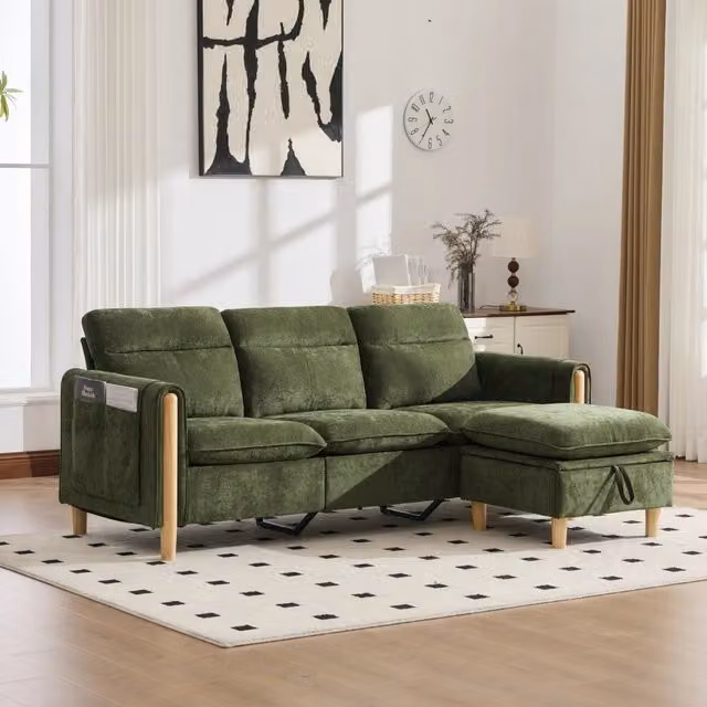 Divano ad angolo con pouf contenitore e tasche laterali chaise longue reversibile in ciniglia verde 201 × 77 × 86 cm