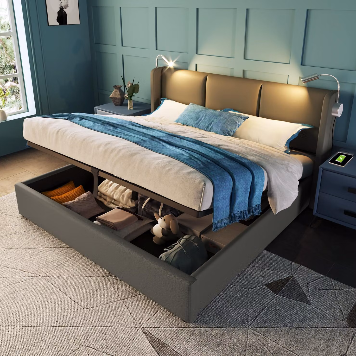 Letto imbottito Flieks 180x200 cm con rete a doghe, letto boxspring con luce di lettura e funzione di contenimento, letto matrimoniale con contenitore, letto funzionale, lino, grigio