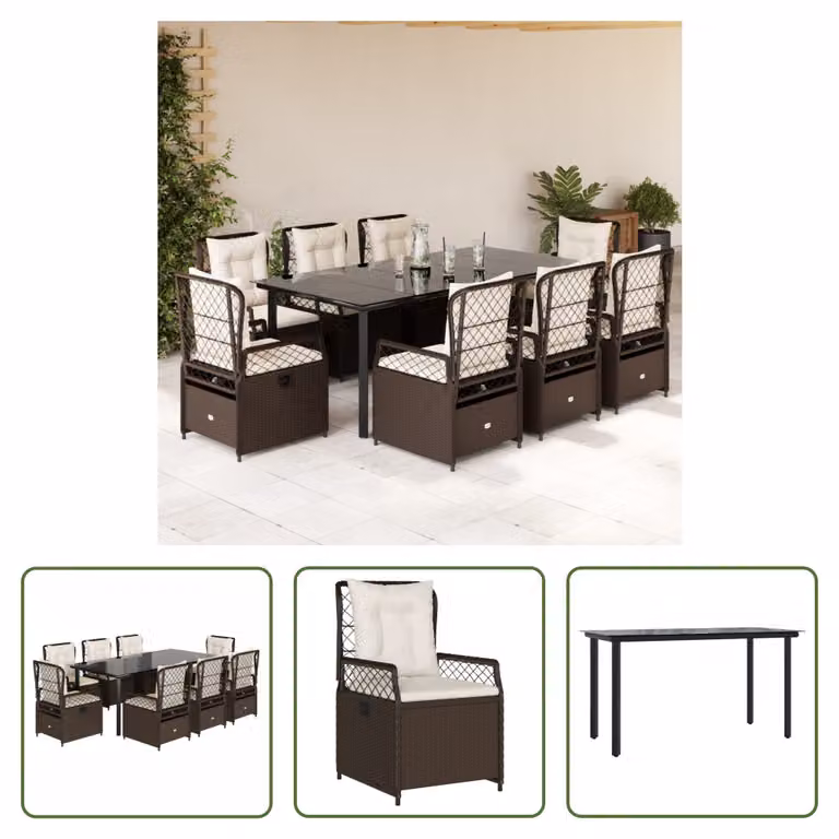The Living Store Set da pranzo da giardino 9 pezzi con cuscini in polirattan marrone