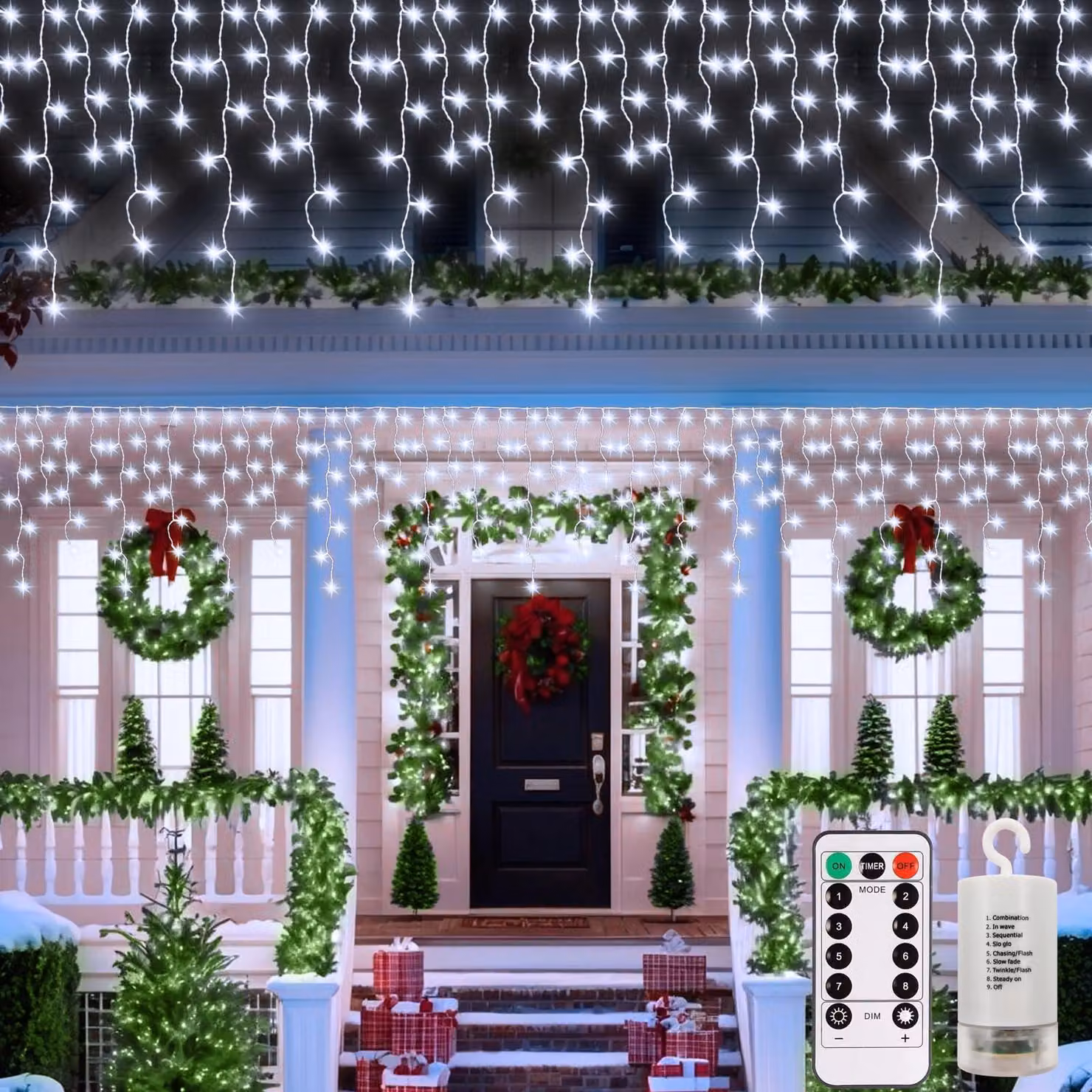 Catena luminosa a forma di tenda di ghiaccio, lunghezza 6 metri, 300 LED, luce bianca fredda, con telecomando