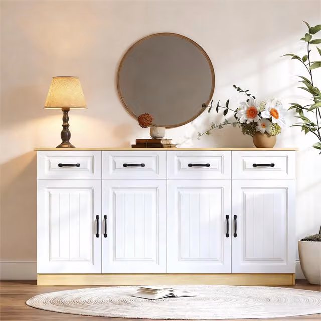 Madia multifunzione REDOM in MDF e metallo, colore bianco e beige, stile minimalista a righe, finitura opaca