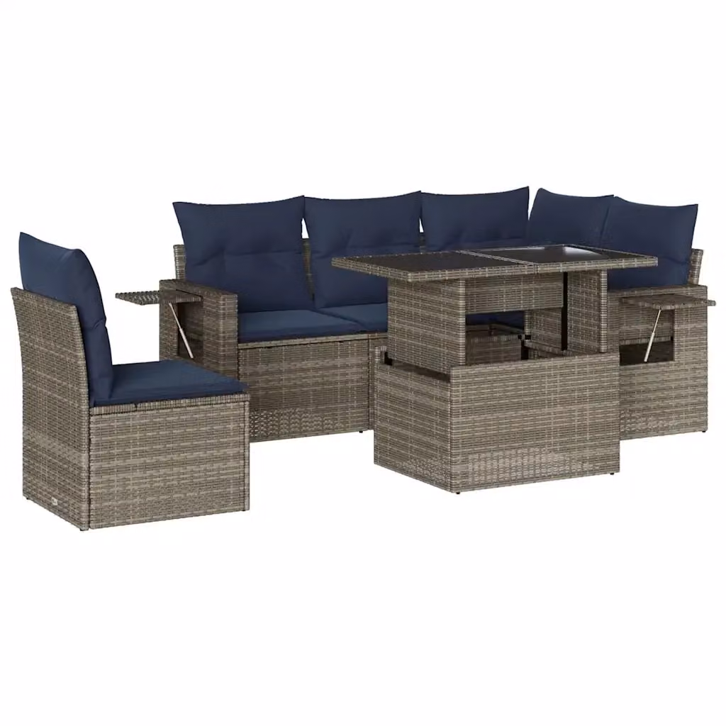 Set di divani da giardino vidaXL in polyrattan grigio con 6 pezzi e cuscini blu per esterni – 2