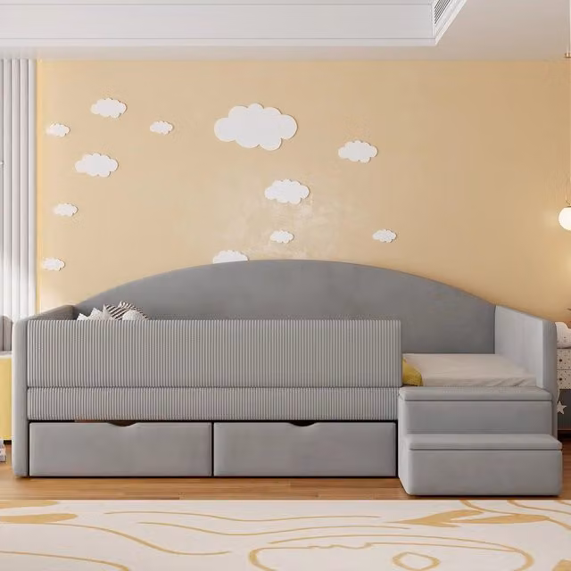 Letto Imbottito con Cassetti e Scaletta ¨C Xylo ¨C Velluto Grigio 90x190