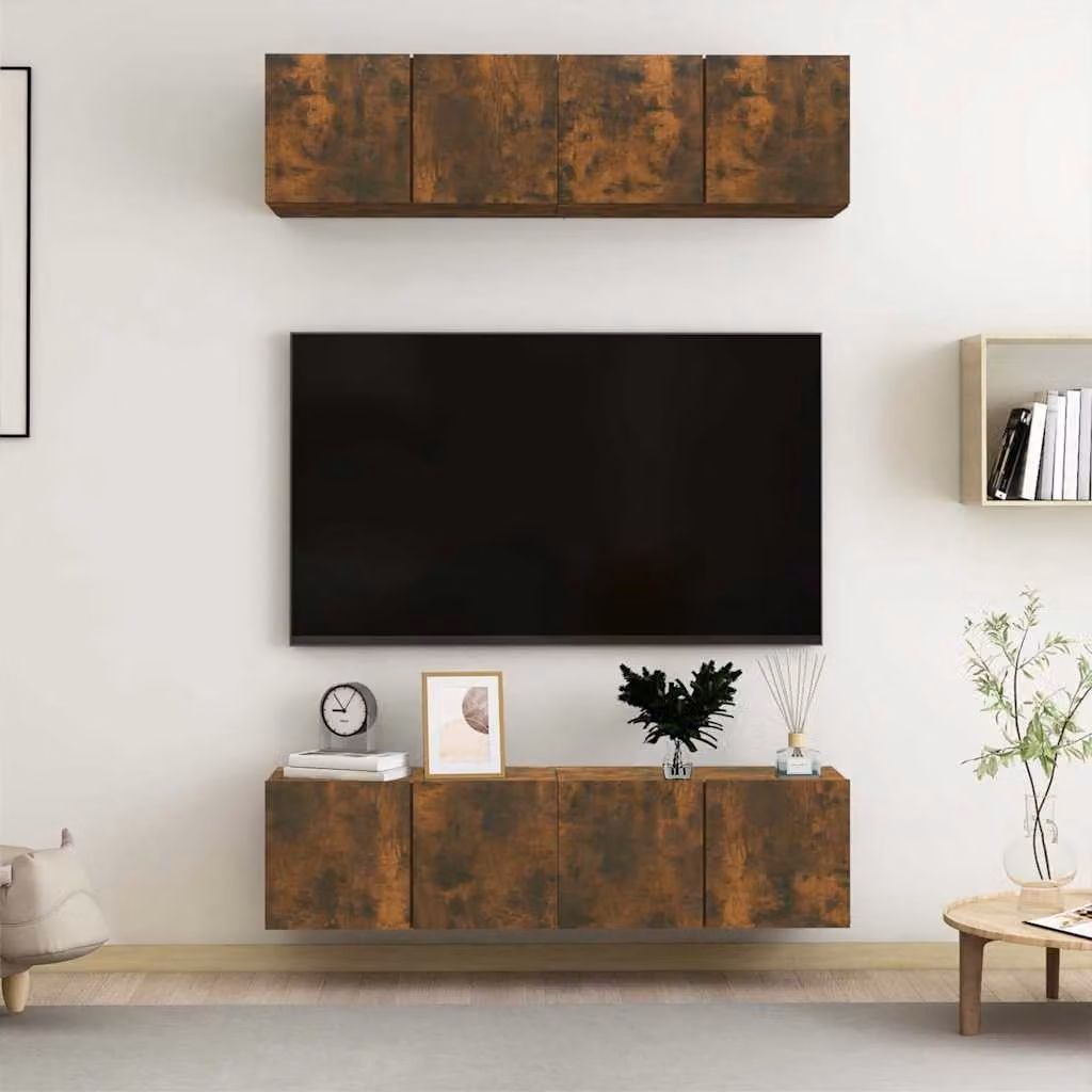 Set di 4 mobili TV da parete vidaXL in legno multistrato, colore rovere fumo, L 60 cm x P 30 cm x H 30 cm