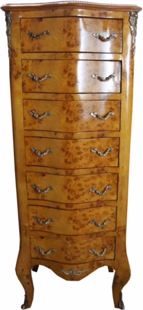 Comò Casa Padrino in stile barocco con 7 cassetti, colore marrone chiaro. Dimensioni: larghezza 50 cm, profondità 35 cm, altezza 115 cm